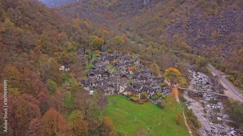 Foroglio village nestled in Val Bavona with fall foliage, Switzerland.
