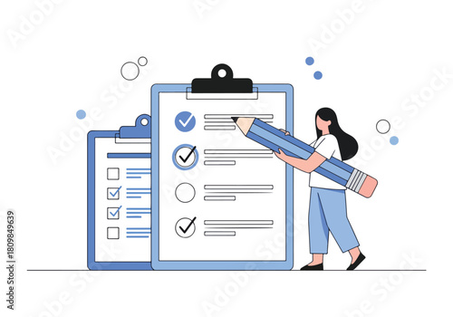 Woman completing checklist on clipboard with giant pencil task management concept - Flat Vector Illustration, icon. Editable stroke. Colored vector illustration