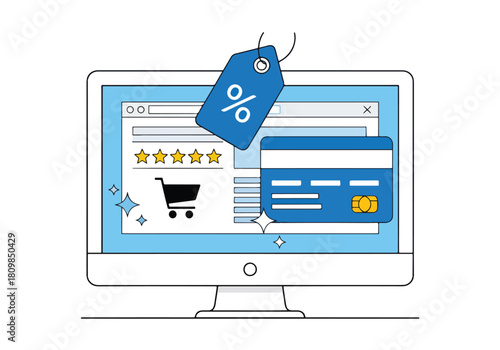 Online shopping computer screen discount tag e-commerce sale promotion - Flat Vector Illustration, icon. Editable stroke. Colored vector illustration