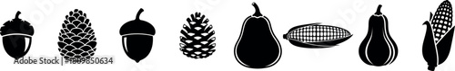 Fall Harvest Bounty Black and White Silhouette Illustration Featuring Acorns, Pine Cones, Gourds, and Corn, Ideal for Seasonal Designs