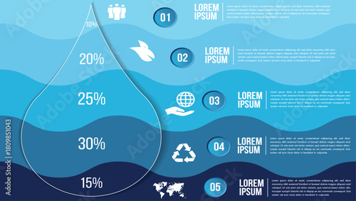 Blue Water Usage Infographic With Percentage Drops And Global Icons For Environment Awareness Sustainability Education