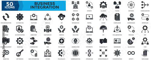 Business Integration icon set. Containing merger, synergy, alliance, network, workflow, ERP, CRM icon. Glyph style