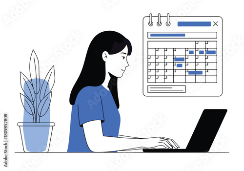 Woman working on laptop with calendar and plant detailed flat color art - Flat Vector Illustration, icon. Editable stroke. Colored vector illustration