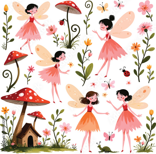 Fairies and toadstools whimsical scene with butterflies and ladybugs illustration