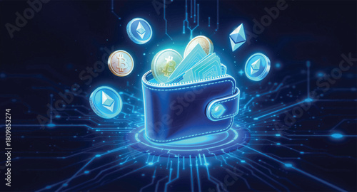 Futuristic crypto wallet with floating digital tokens. Virtual blockchain wallet filled with cryptocurrencies. Secure e-wallet storing multiple crypto assets