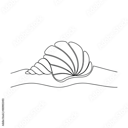 Single line drawing of a spiral seashell on sand Keywords: seashell, shell, spiral, sand, beach