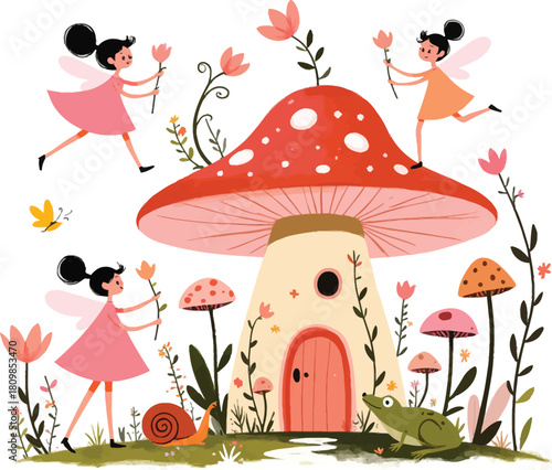 Fairy tale scene with fairies mushrooms flowers frog and snail