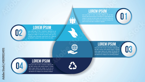 Four Step Water Drop Infographic Template with Blue Gradient Design, Eco Sustainability Icons and Numbered Sections for Environmental Presentation, Business Process Timeline, Data Visualization
