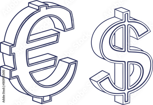 Euro and Dollar signs in white, isolated on transparent background, premium vector design for business, finance, and global trade themes.