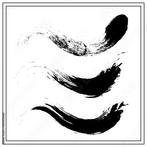 Hand drawn black ink brush strokes set , Abstract grunge sumi-e wavy elements , Calligraphy style paint smears collection
