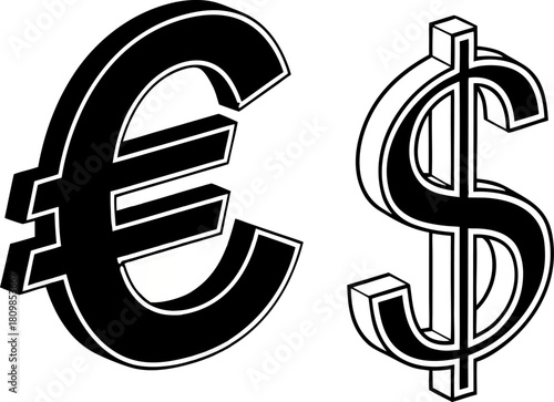 Black Euro and Dollar signs isolated on black background, high-resolution vector art for finance, international trade, and currency exchange concepts.
