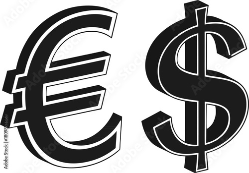 Vector design of black Euro and Dollar currency symbols, isolated on solid black background, perfect for finance, business, and global trade.