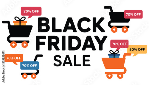 Black Friday sale with shopping carts and discount bubbles, retail and e-commerce concept, vector illustration, isolated on white background, digital graphic for websites, apps, promotions, 