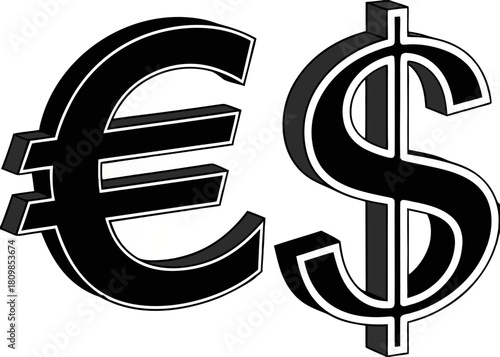 Black Euro and Dollar signs isolated on black background, sleek vector illustration for international business and finance themes.