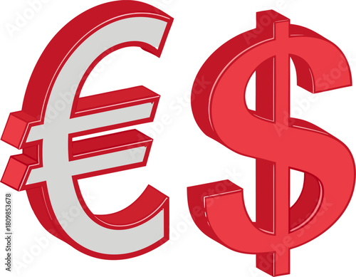 Bold red Euro and Dollar symbols on red background, modern vector design for finance, international trade, and business graphics.