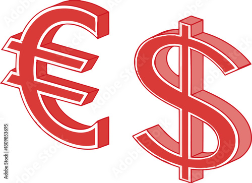 Vector design of red Euro and Dollar currency symbols, isolated on vibrant red background, perfect for international trade and financial themes.