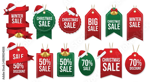 Vector illustration of christmas and winter sale tags collection with santa hats, ribbons, and bells, isolated on