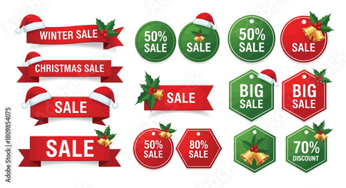 Vector illustration of winter and christmas sale banners and tags with santa hats, holly, and bells, isolated on