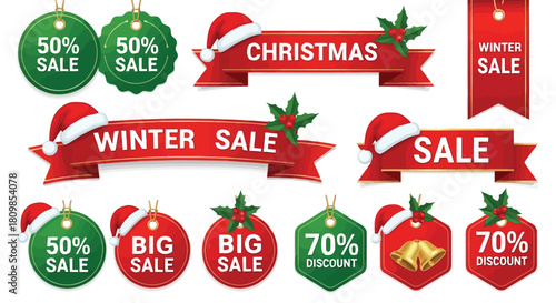 Vector illustration of holiday sale banners and tags with santa hats, holly, and discount offers, isolated on