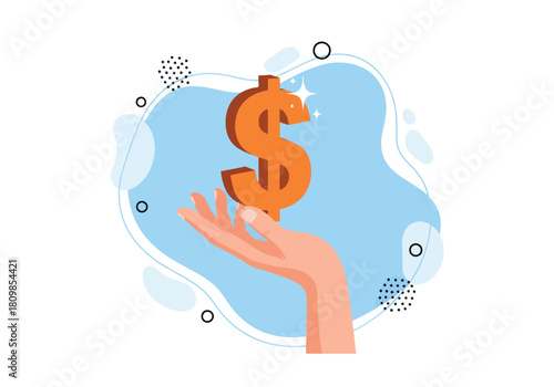 Hand holding orange dollar symbol amidst abstract shapes and patterns - Flat Vector Illustration, icon. Editable stroke. Colored vector illustration