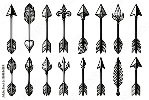 Monochrome arrow set with creative featherings and imaginative arrowhead shapes, white background