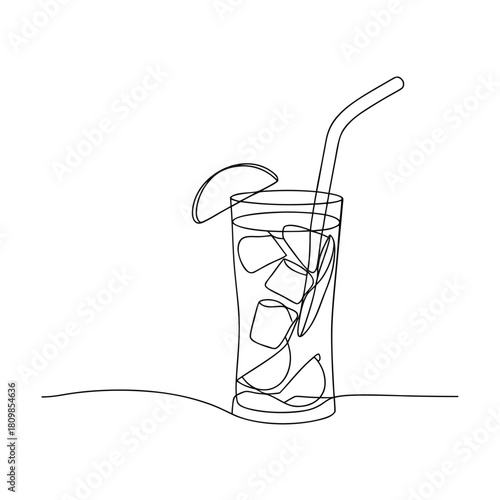 Single line drawing of a tall glass with ice and fruit Keywords: drink, cocktail, beverage