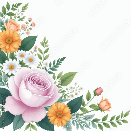 Bright garden florals with soft pink and orange tones. Elegant corner bouquet ideal for modern designs. Fresh floral mix for creative decorative projects