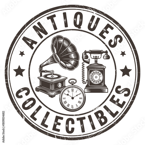 Vintage antiques collectibles stamp with gramophone telephone and pocket watch