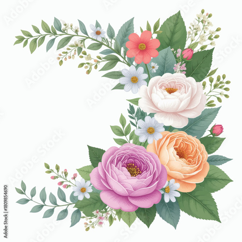 Elegant corner florals with pastel peonies and daisies. Soft botanical corner bouquet for decorative layouts. Romantic flower blend perfect for modern designs