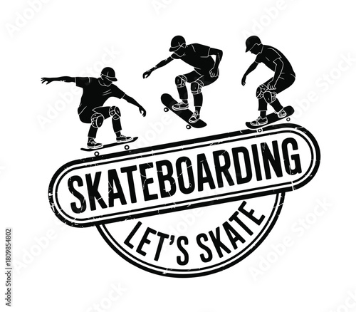 Dynamic skateboarding silhouette with let s skate text emblem