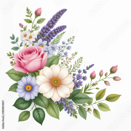 Soft floral corner bouquet for elegant design themes. Delicate flower mix for modern botanical layouts. Pastel garden florals perfect for creative artwork