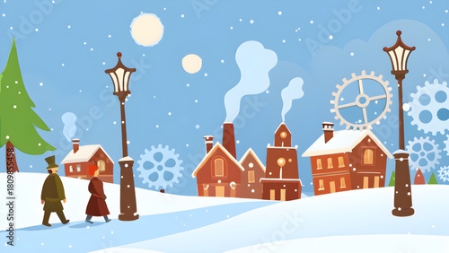 A snowy town scene with people walking past buildings and gears under a light blue sky with snow falling
