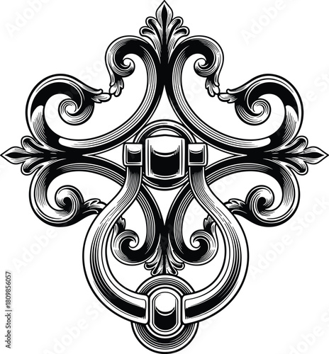 Ornate vintage door knocker with elaborate scrollwork and central ring detail