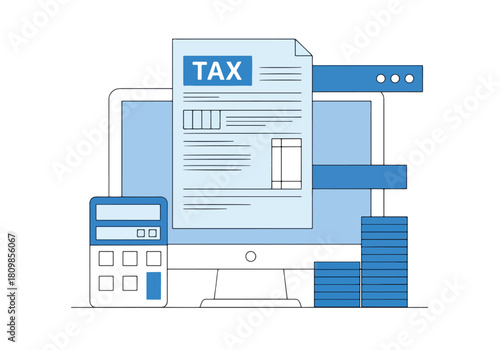 Computer screen showing tax form and financial documents for online filing - Flat Vector Illustration, icon. Editable stroke. Colored vector illustration