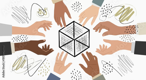 Hands reaching for a central cube representing collaboration and teamwork.