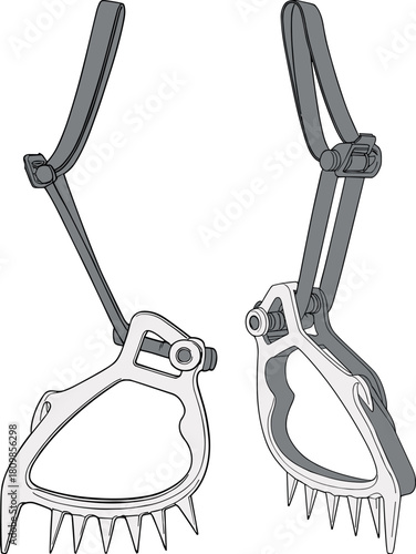 Climbing crampons, vector, illustration, sketch, outline, traction, gear, mountaineering, ice, snow, ergonomic, durable, technical, structured, design, layout, silhouette, adjustable, protective