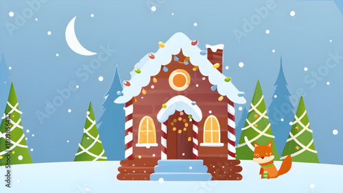 A winter scene with a gingerbread house, snow falling, trees, a crescent moon, and a fox wearing a scarf