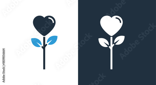 Heart shaped flower with leaves on blue background - Vector icon symbol for website - Icon vector - Blue icon vector - Line and glyph solid icon and logo template