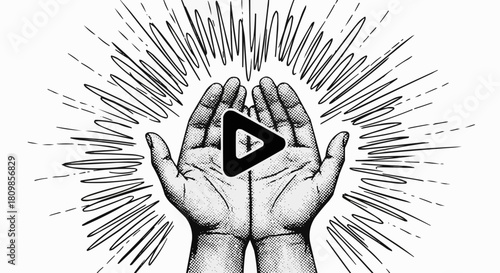 Hands holding a play button symbol with radiating lines representing energy.