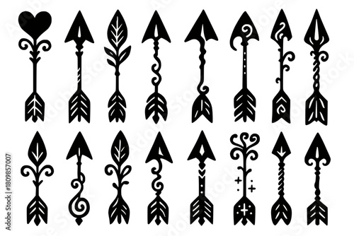 High-contrast illustration featuring ten uniquely styled arrows with decorative details, white background