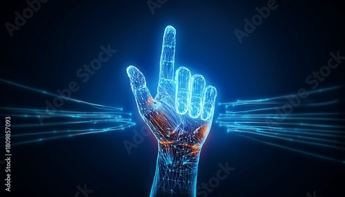 a 3d rendered hand made of lines indicating connection and interaction with technology the hand glows in a futuristic design with the index finger extended and facing toward the front