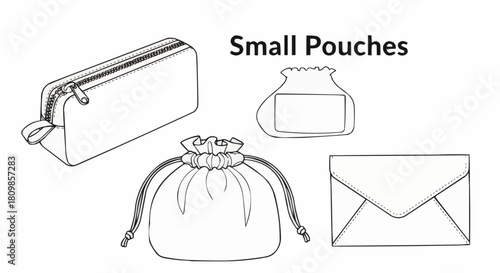 Collection of Small Pouches and Bags Line Art Illustration.
