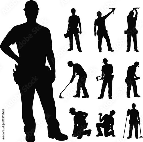 Construction workers silhouette, professional handyman tools, industrial labor men poses, builder working positions, black outline repairmen, construction industry concept, isolated background