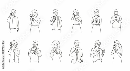Collection of Diverse People Engaged with Smartphones in Sketch Style.