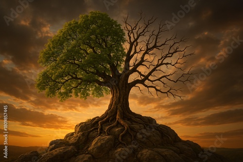 Ancient tree half green half dead on rocky hill