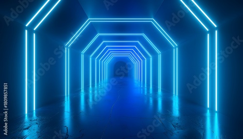 Neon pink and blue light corridor – futuristic glowing tunnel with geometric symmetry
