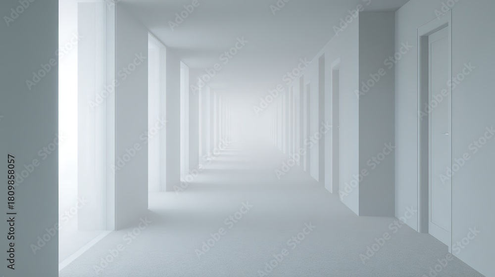 Obraz premium veil. A foggy grey corridor with distant doorways and soft, diffused lighting. real-estate listings, architecture portfolios, designed for real-estate listing and luxury residence showcases.