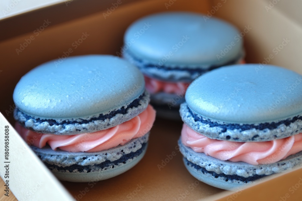 Fototapeta premium Blue macaroons close-up. Cookies with pink filling in box.