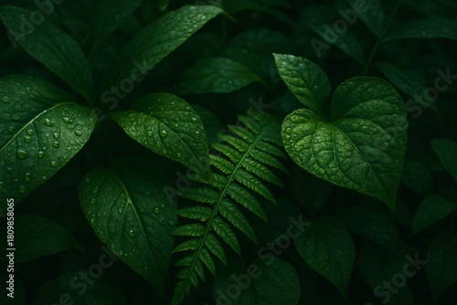 Dark moody tropical leaves with water droplets close up