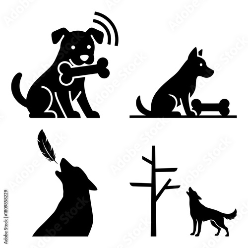 International dog day set of four black silhouette icons representing dog and wolf behavior and communication